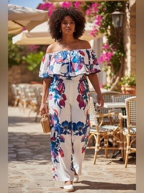 Flying Tomato Cream Off-Shoulder Wide Leg Jumpsuit with Blue & Red Floral Print